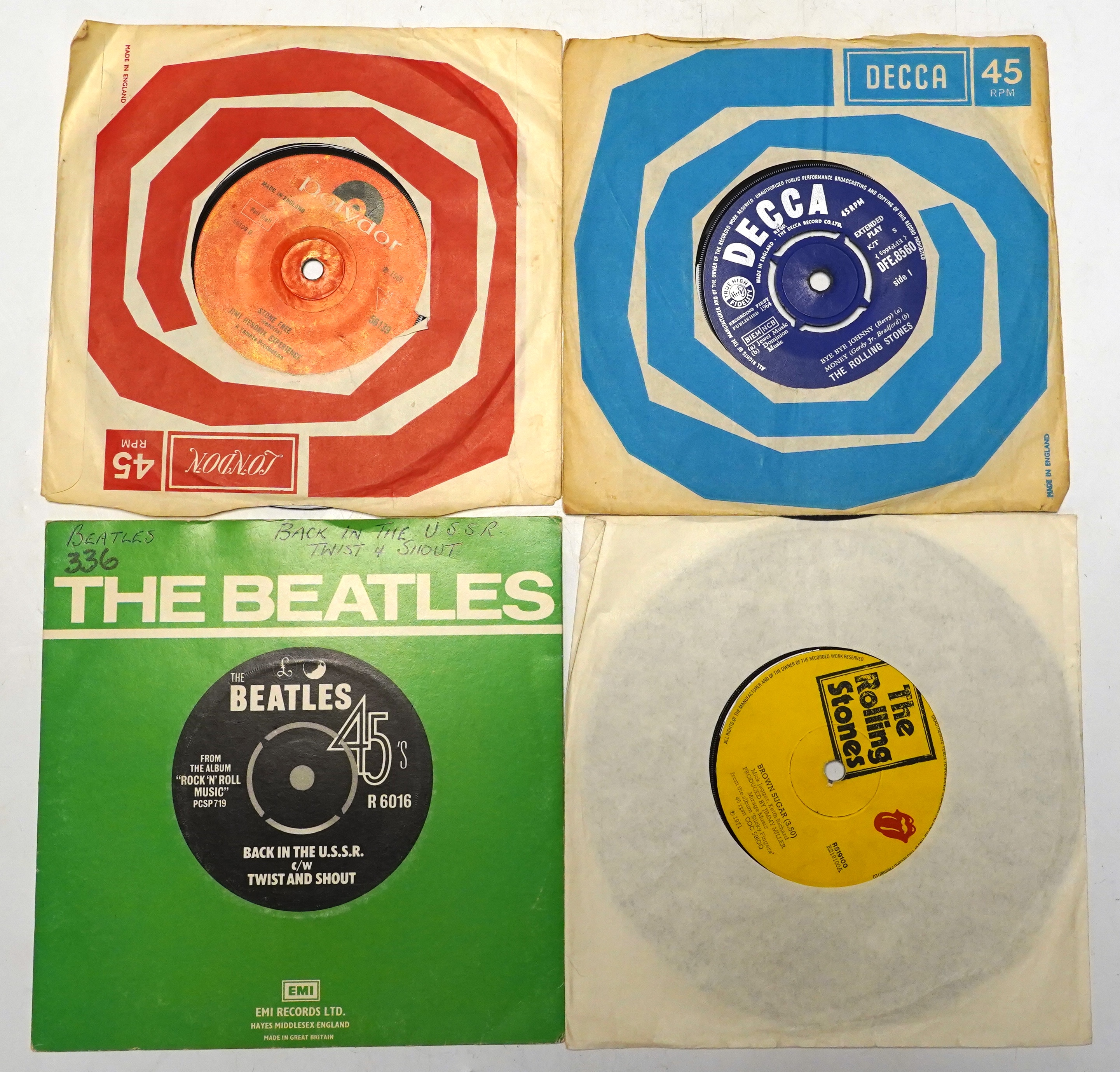 Two Tamla Motown demo 7” singles; Michael Jackson; Got To Be There, and Jr. Walker & the All Stars; Take Me Girl, both with printed demo labels, together with nine other 7” singles by The Beatles, The Rolling Stones and